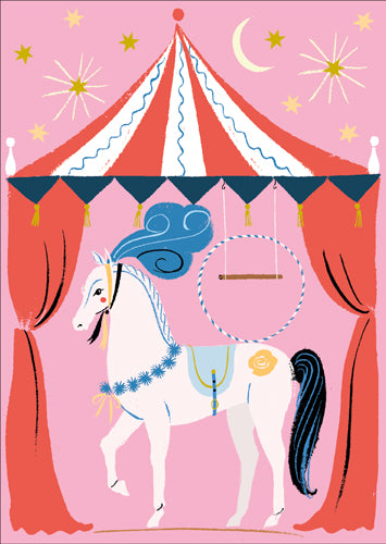 Piirretty valkoinen sirkushevonen vaaleanpunaisella taustalla