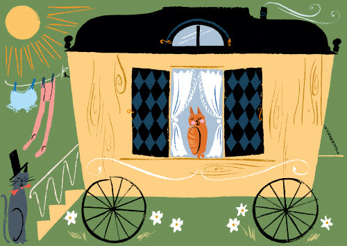 Piirretty keltainen sirkusvaunu, pyykkejä narulla, kissa ikkunassa ja rappujen edesssä. 